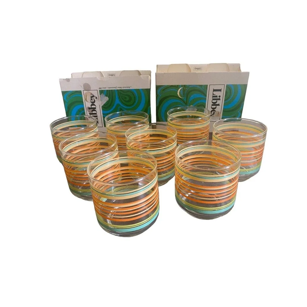 Vintage 70's Libbey Striped Juice Glasses‎ In Box Retro MCM Imperfect